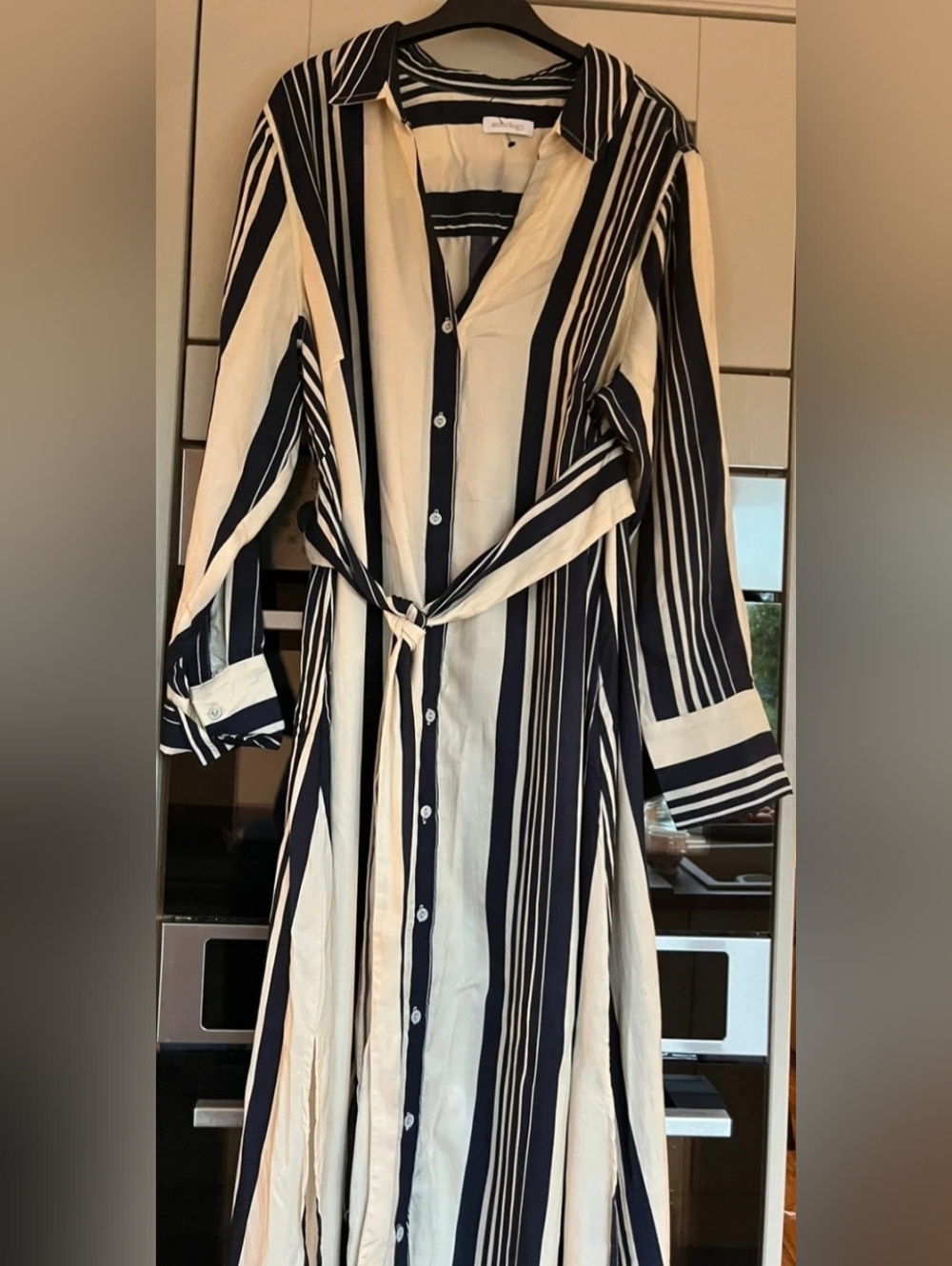 Vertical Striped Button-Down Shirt Dress with Tie